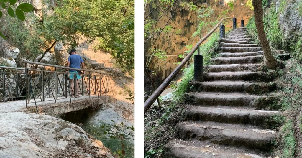 Man on a stone bridge and steps leading up to the waterfall area of Nydri falls