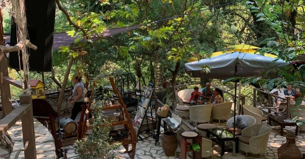 Cafe area in the trees with large wicker chairs and parasols
