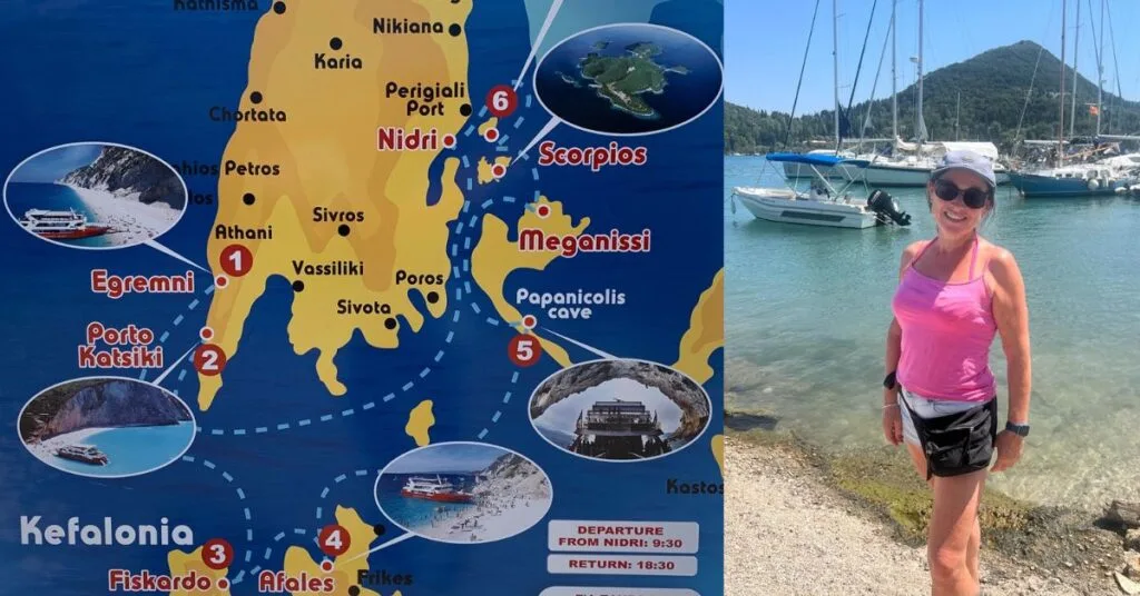 Map of island showing ferry routes and woman standing by the water