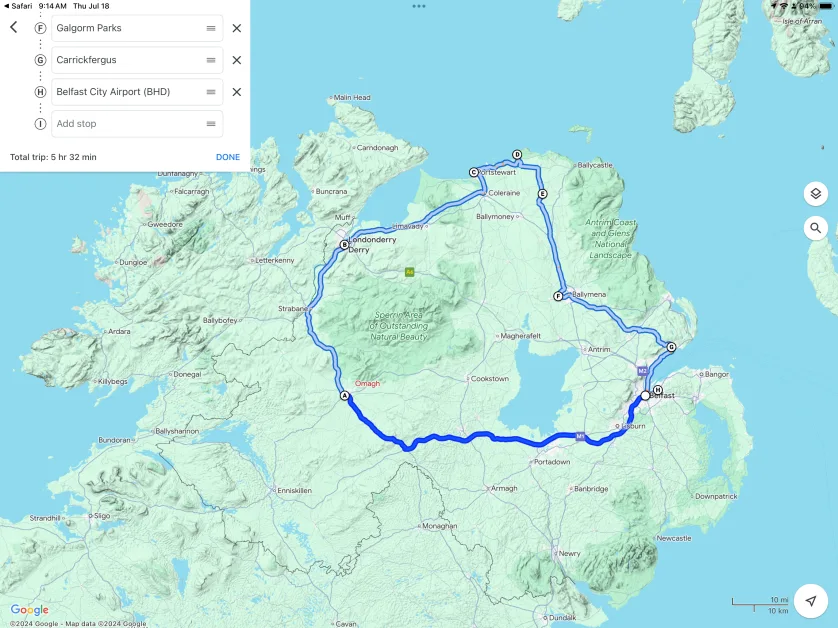 Map showing a driving route from Belfast around the coast of Northern Ireland.