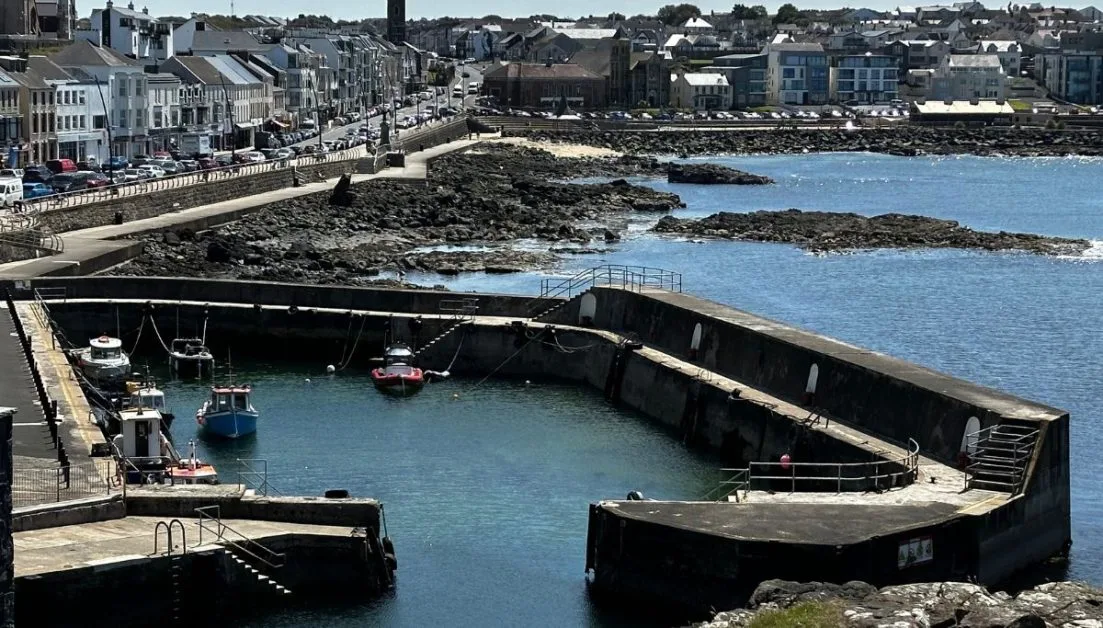 A small rocky harbour with fishing boats anchored. Cars are parked along the seafront near shops and restaurants.