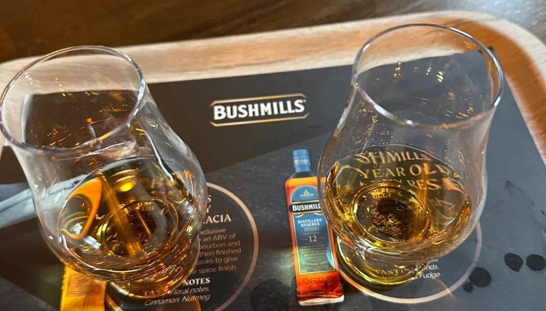 Two glasses of Bushmills Irish whiskey.