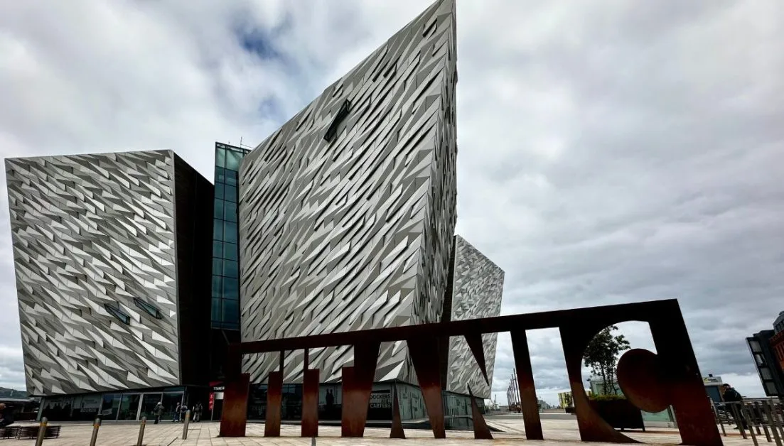 Modern external metal frame of the Titanic Museum in Belfast Northern Ireland.
