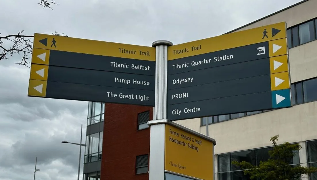A sign post explaining the sights on the Titanic Trail in Belfast.