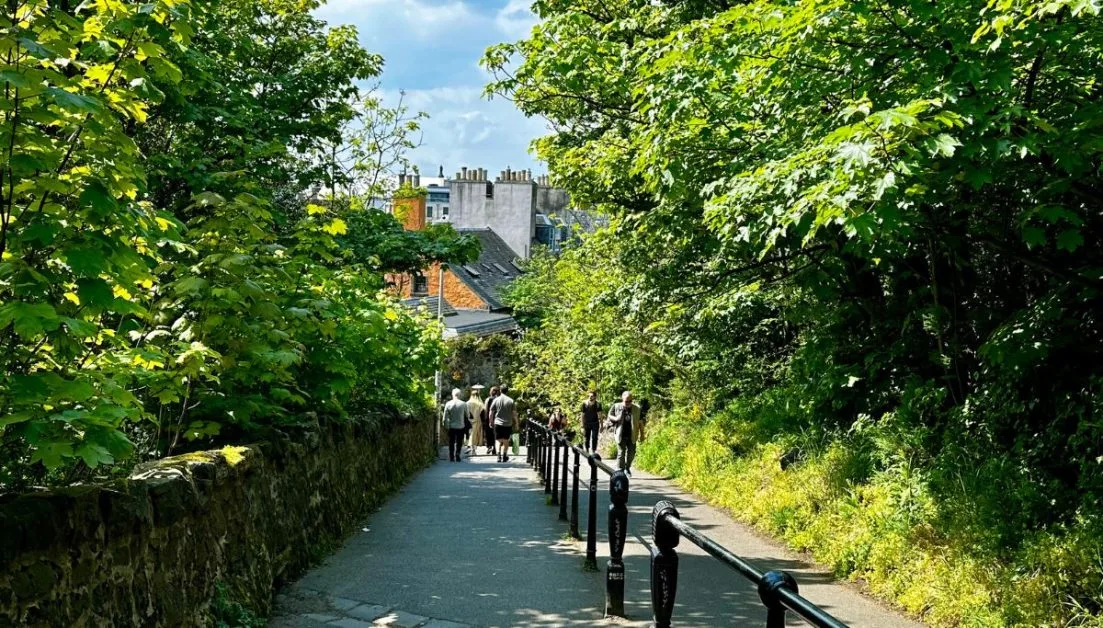 A walking path up from the city to Calton hill with trees lining either side. Visiting this hill is another population and cheap thing to do in Edinburgh.