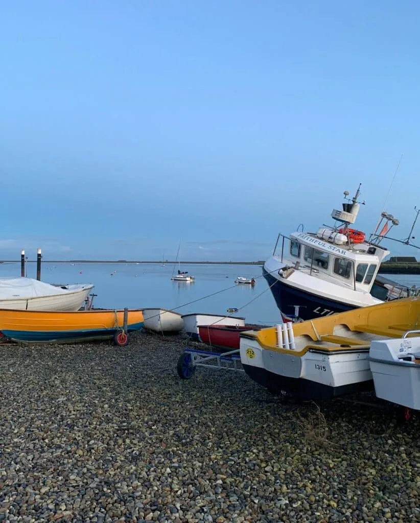 several fishing and pleasure boats are sitting on a gravel bed in low side.