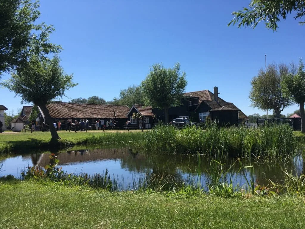 A pond with rushes and grasses is next to an outdoor seating area. The building behind the seating area is a Tea Shop in Suffolk England.