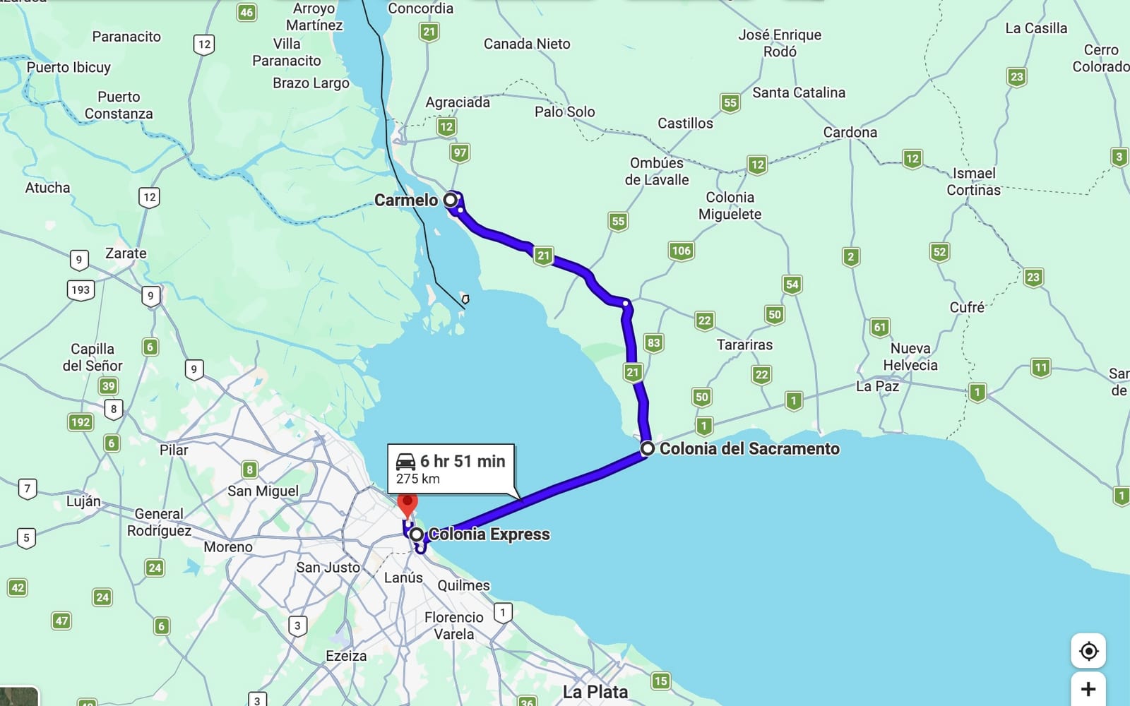 Route map of Colonia del Sacramento and the Southwest Uruguay itinerary