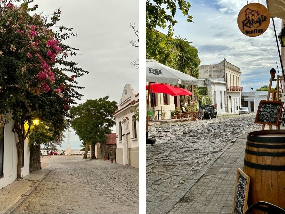Cobbled streets of Colonia del Sacramento, Uruguay, with blooming bougainvilleas and sea-facing alleys opening onto blue waters