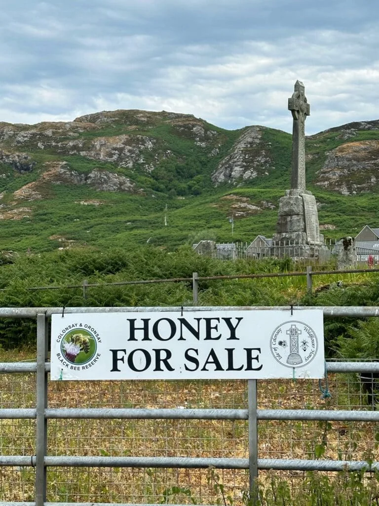 A farm gate on Colonsay is advertising the local honey.