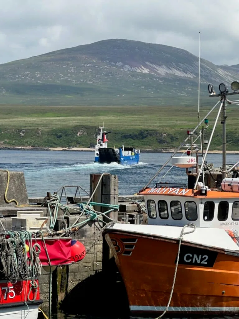 Harbour on Islay with fishing boats and ferry boat