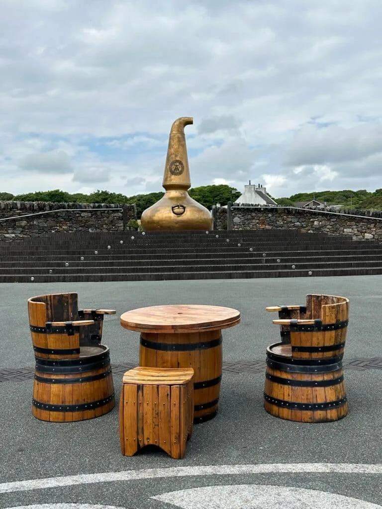 Old whisky barrels have been made into furniture where guests can enjoy an outdoors snack or lunch.
