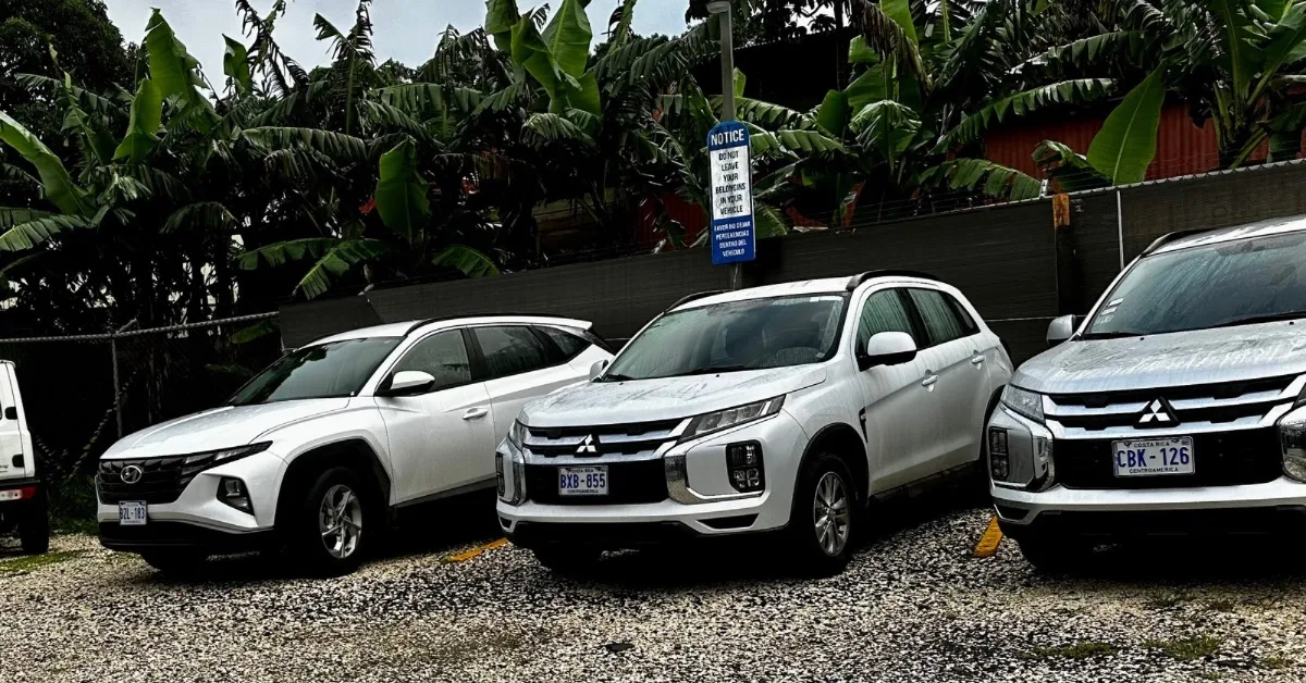 Parked rental cars in Costa Rica.