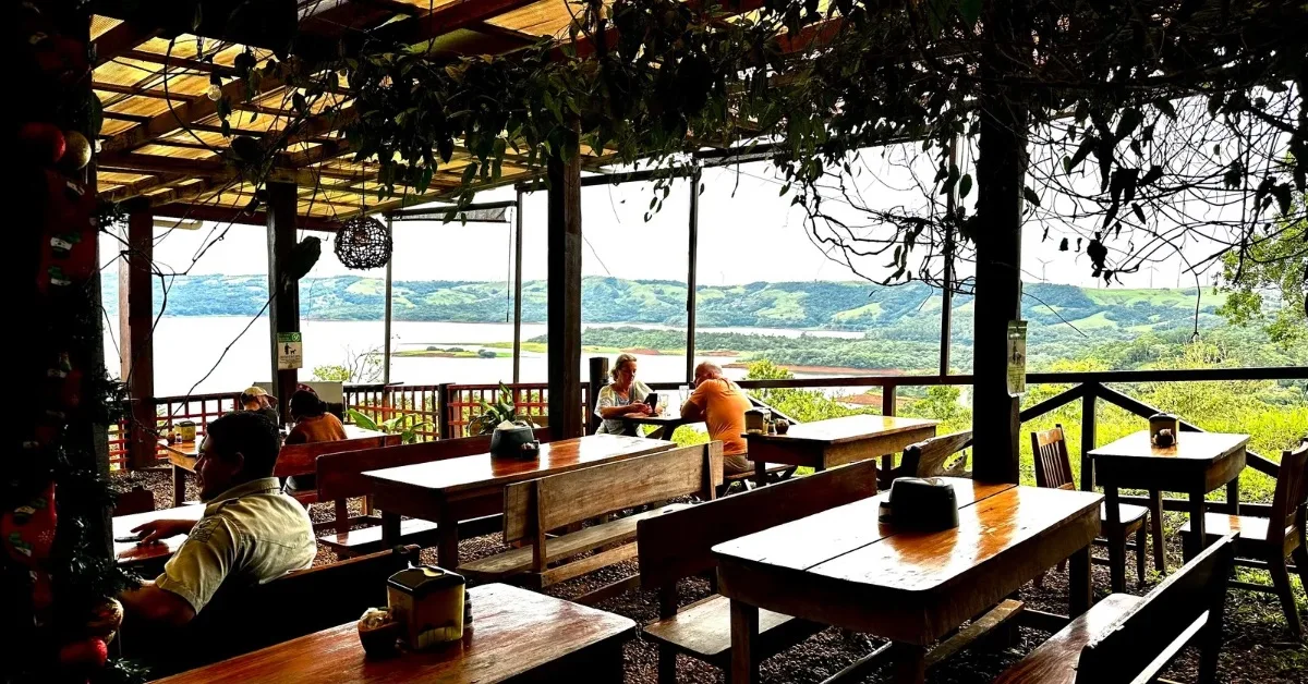 Outdoor seating area with views over Lake Arenal Costa Rica.