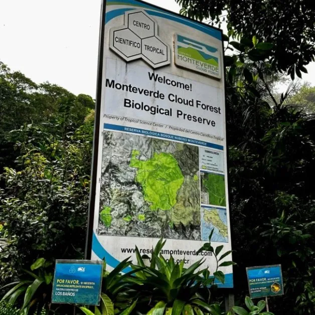 Entrance sign to Monteverde Cloud Forest Biological Preserve in Costa Rica.