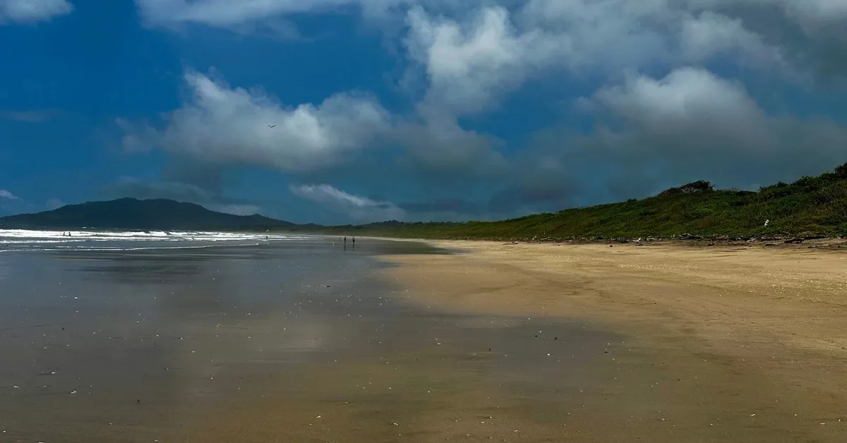 Playa Grande Costa Rica sandy beach with forested hills behind.