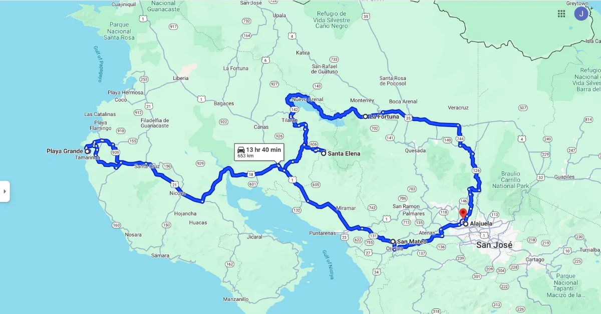 A map showing the Costa Rica Road Trip Itinerary covered in this post.