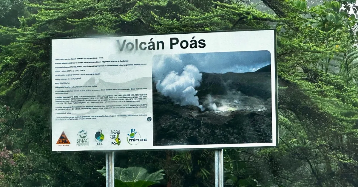 A sign explaining the Poas crater and Volcano Park, one of the first stops on a Costa Rica Road Trip Itinerary.