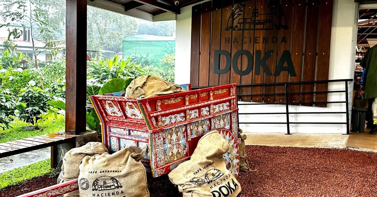 Sacks of Coffee and painted traditional Old Oxchart at the entrance to Doka Coffee Farm in Central Valley. A stop on a Costa Rica Road Trip Itinerary.