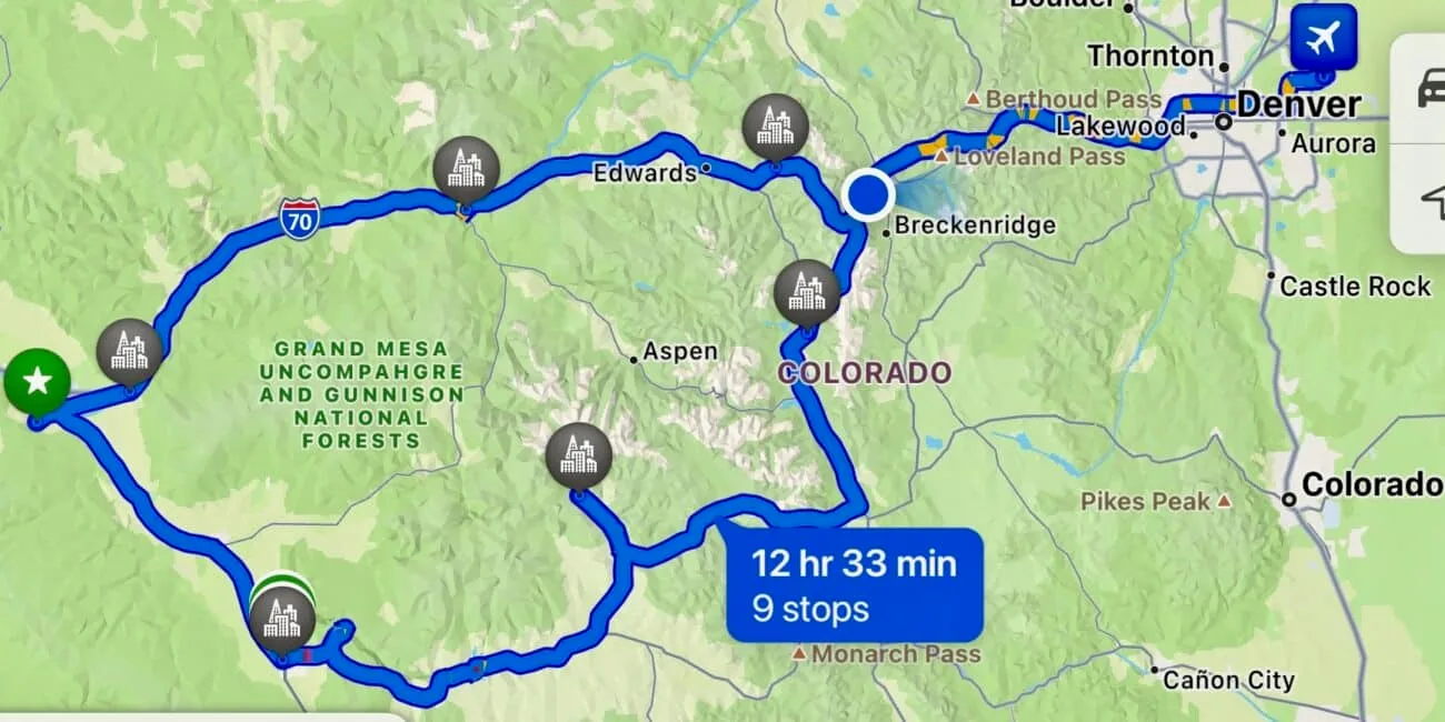 Map of the 7-day roadtrip showing the starting point in Denver and stops along the way.