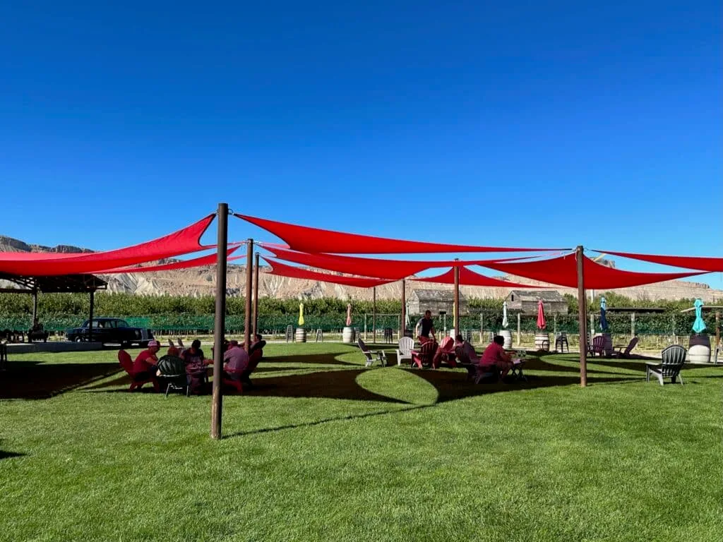 Winery in palisade Colorado with a red tent structure for guests to relax on a grass area next to vineyards