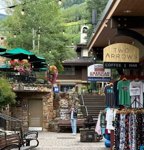 Vail Village side street with shops and restaurants.