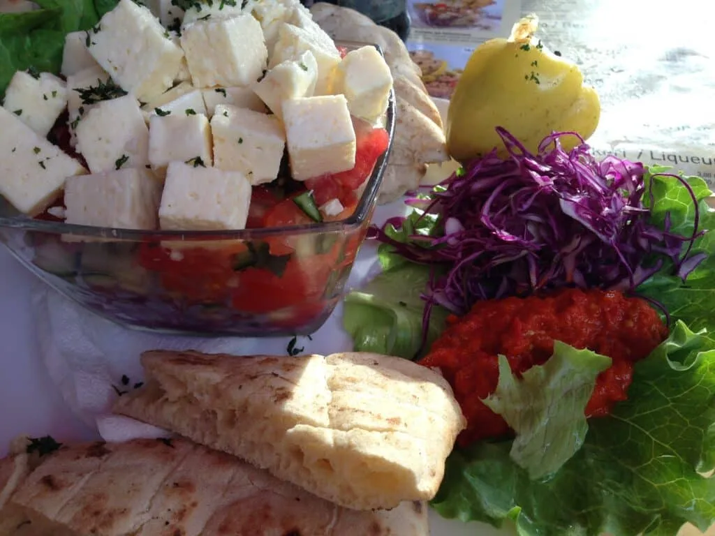 A plate of cheese and vegetables served as a salad in Sarajevo.