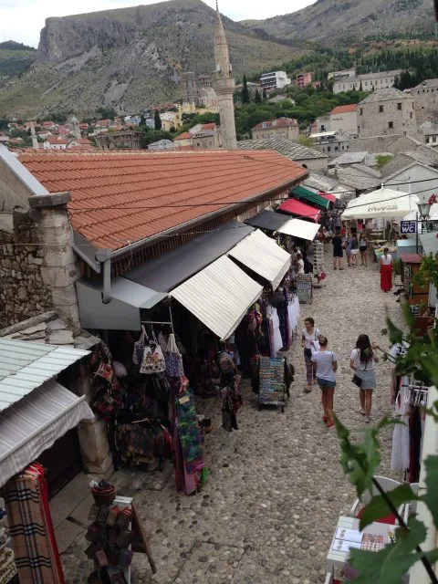 Center of Mostar Old City Bazaar with narrow streets and local shops