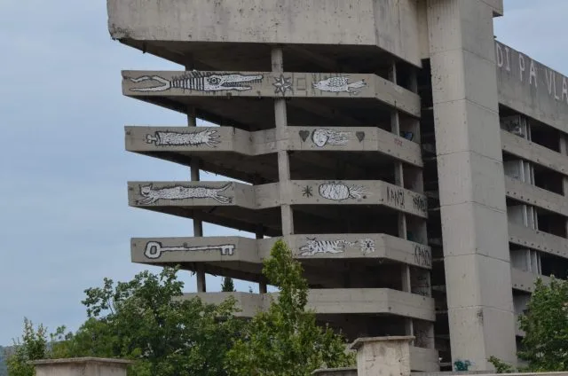 An abandoned concrete building in Mostar which was once a sniper tower.