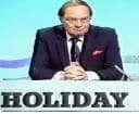 A TV presenter for a show called Holiday is dressed formally in a suit. This show aired in the 1970s.