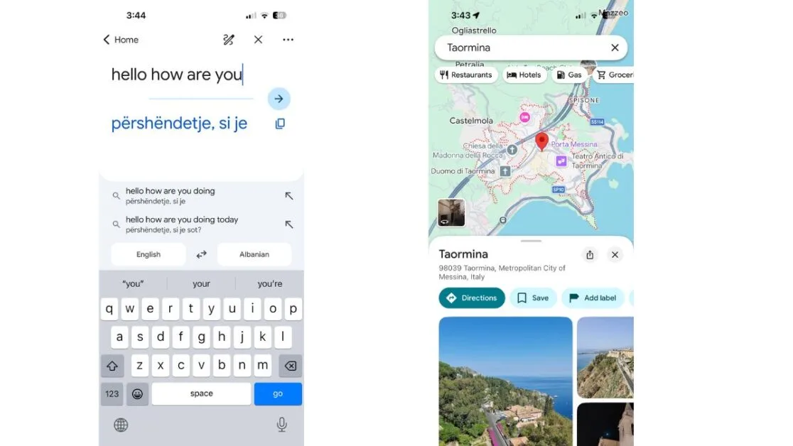 Screen shots illustrating Apps to help travelers: translation of hello into Albanian and example of Google Maps showing Taormina, Sicily.