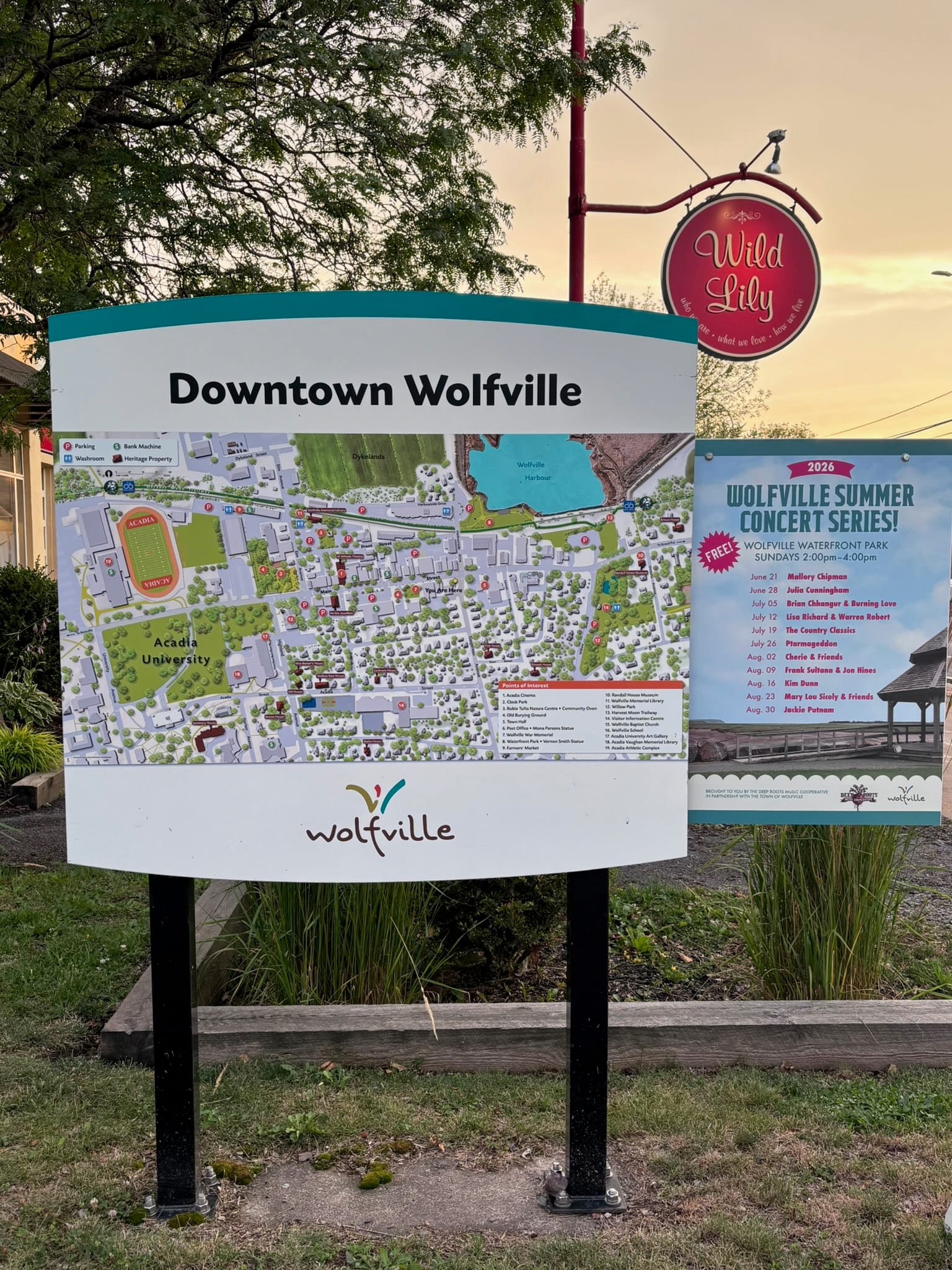 Downtown Wolfville information board and map sign