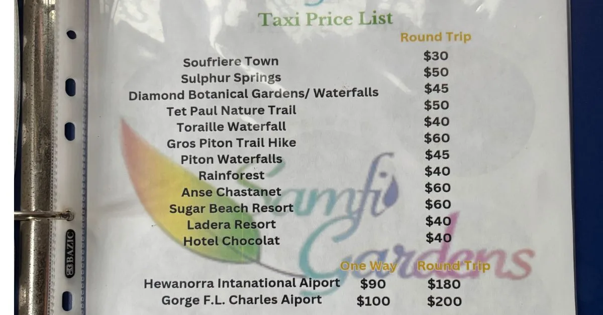 Printed price list of taxi fares in St Lucia