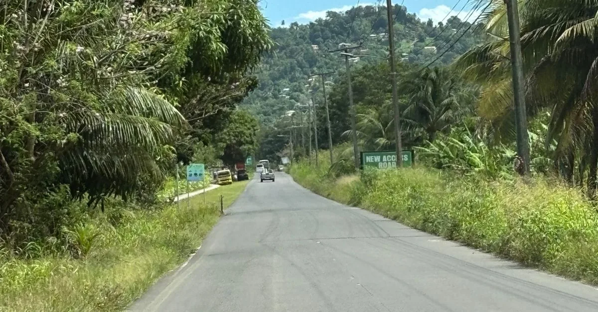 Main paved road in St Lucia showing few cars. Trees either side and no road markings.