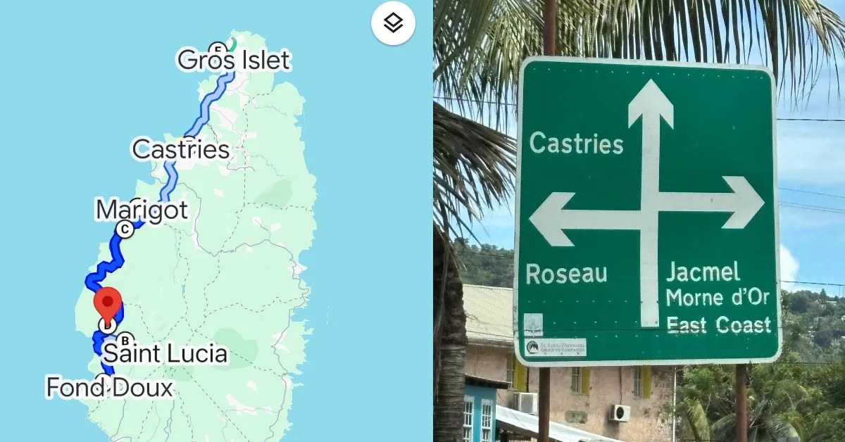 Google Map showing a route in St Lucia with a green sign on the right with arrows to show where main towns are