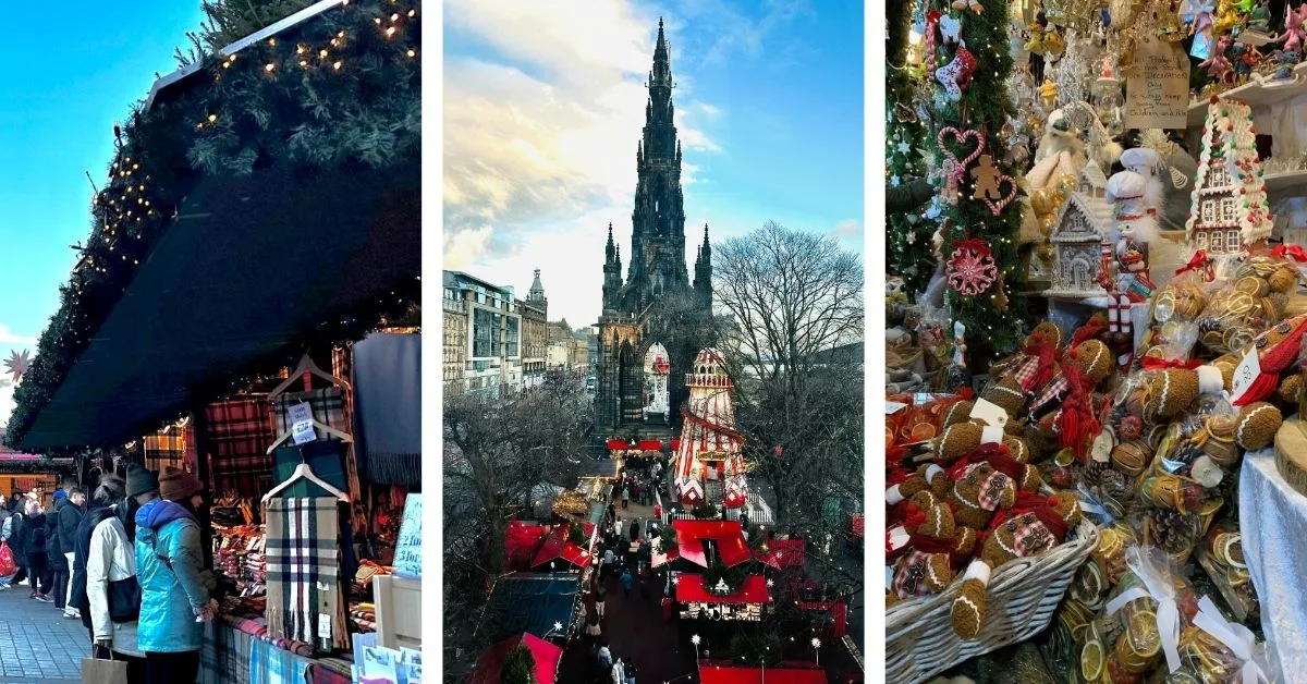 Edinburgh Christmas Market Stalls with tartan items and festive gifts for sale.