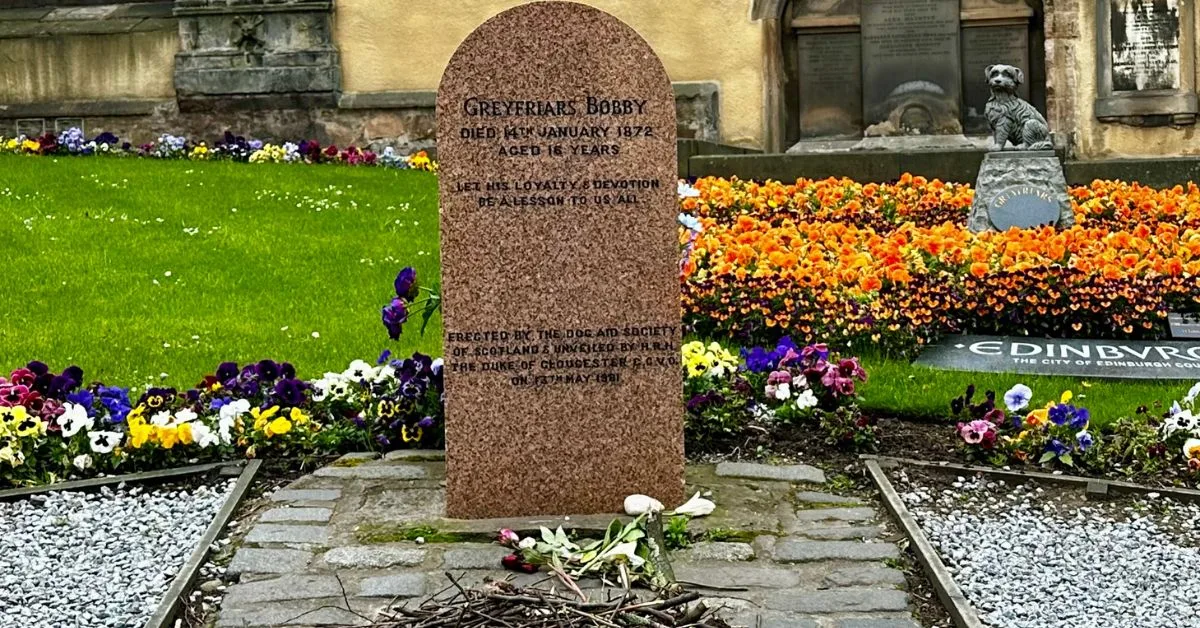 A graveyard stone in memory of a dog called Greyfriars Bobby.