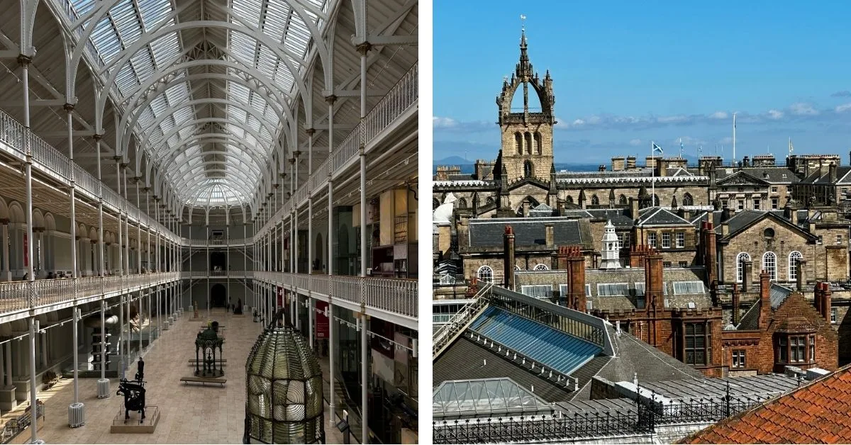 Two photos. A multi-level Victorian interior with while wrought iron decor.  And rooftop views over Edinburgh.