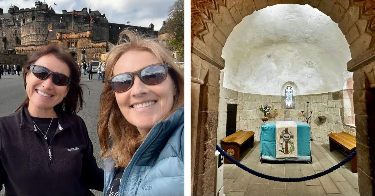Two women are standing in front of Edinburgh Castle entrance and a second image is of a small chapel inside the castle.