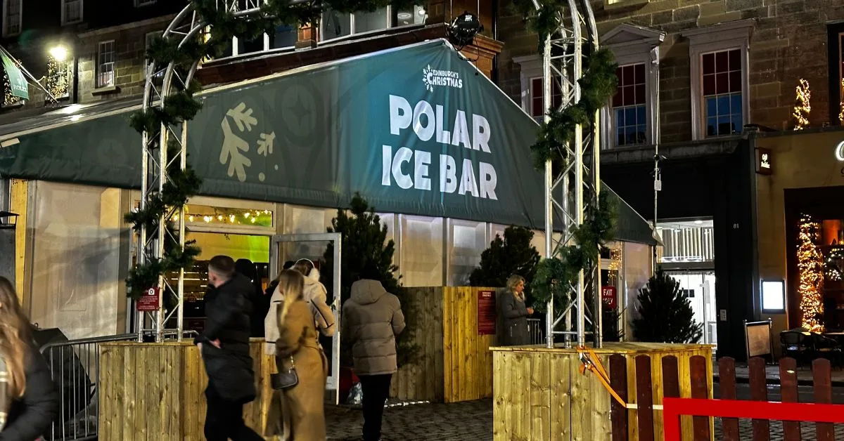 People entering a festive Polar Ice Bar in Edinburgh.