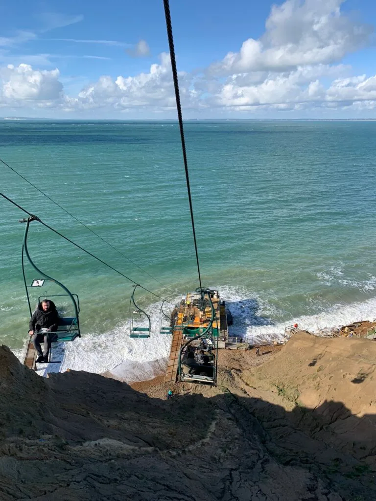 Cable car with views over the English Channel from the chairs.