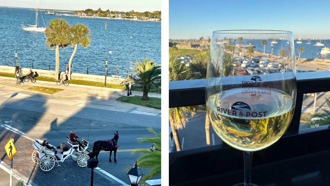 View of bay waters from a rooftop restaurant with boats moored.
