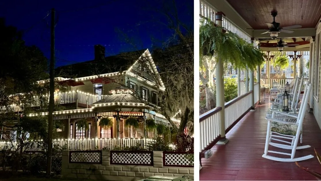 A wrap around veranda with white fence and rocking chairs in a Victoria hotel in St Augustine.