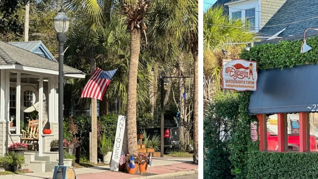 Sign and steps leading to an antique shop.