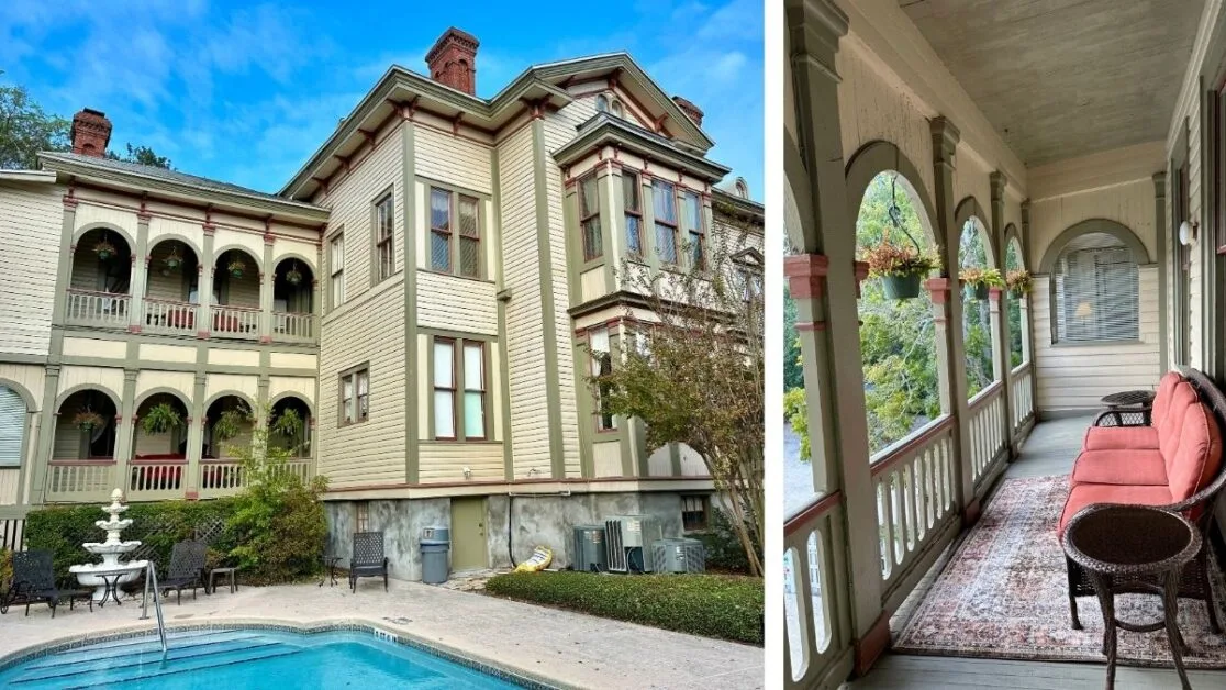 Victoria building now a hotel with arched window looking out over a balcony to a pool.  Wrap around wooden deck for lounging in.