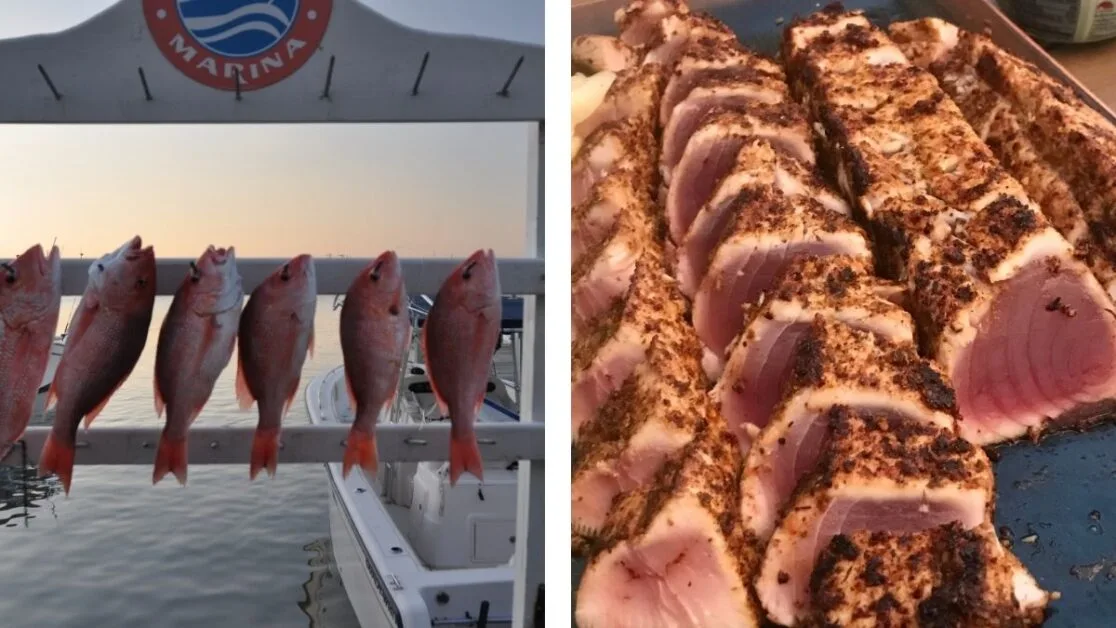 Freshly caught fish hanging up and a plate of fresh tuna in Islamorada Florida.