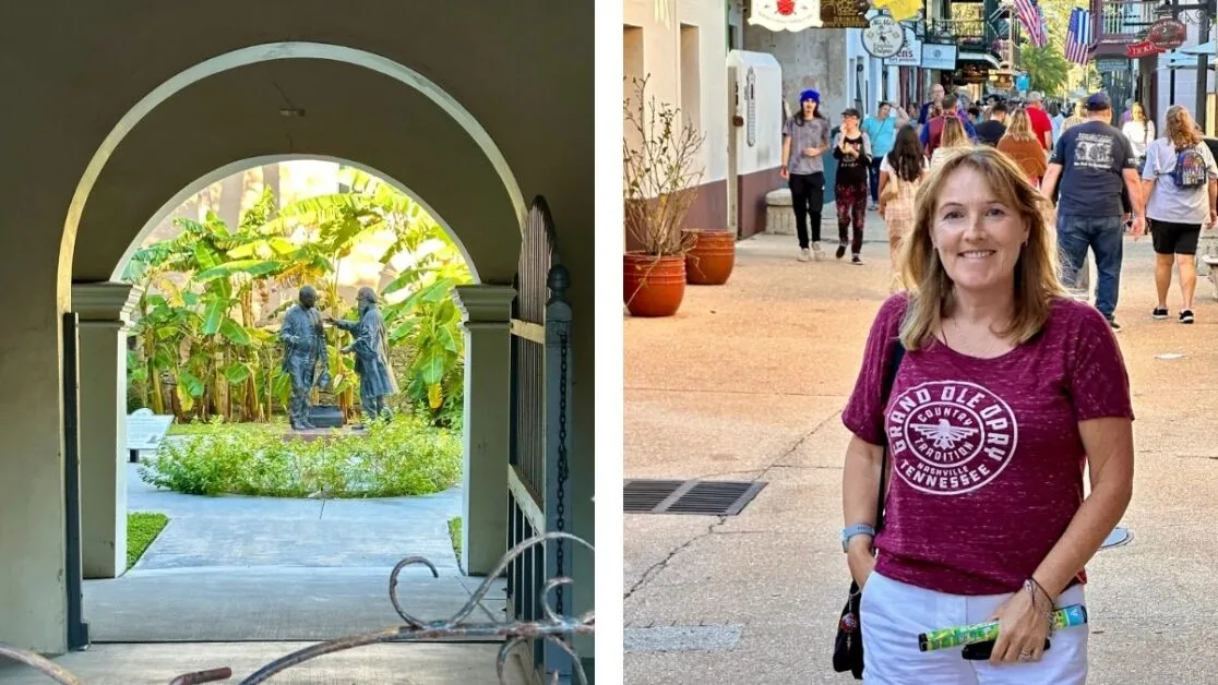 Statue and people walking in the historic center of St Augustine Florida