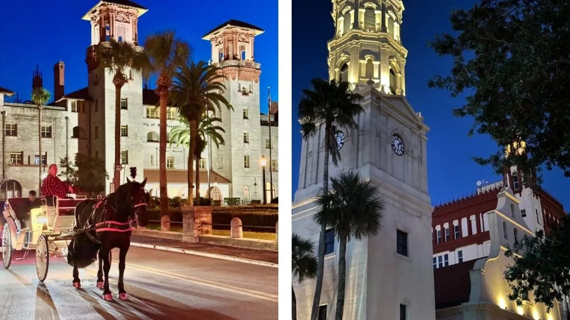 A horse drawn carriage with tourist is going past the town hall building lit up at night.