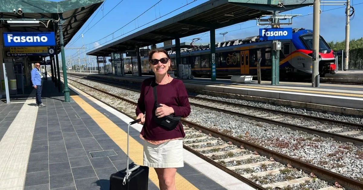 Fasano train station platform, Puglia — one of the quiet regional stops on the Bari to Lecce line