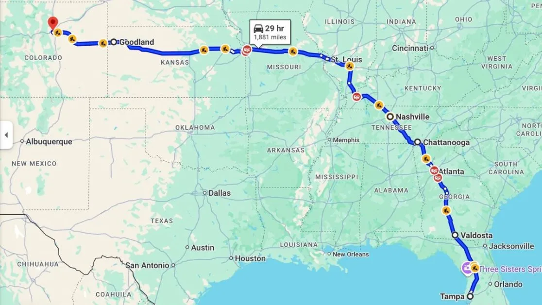 A map showing driving route from Florida to Colorado.